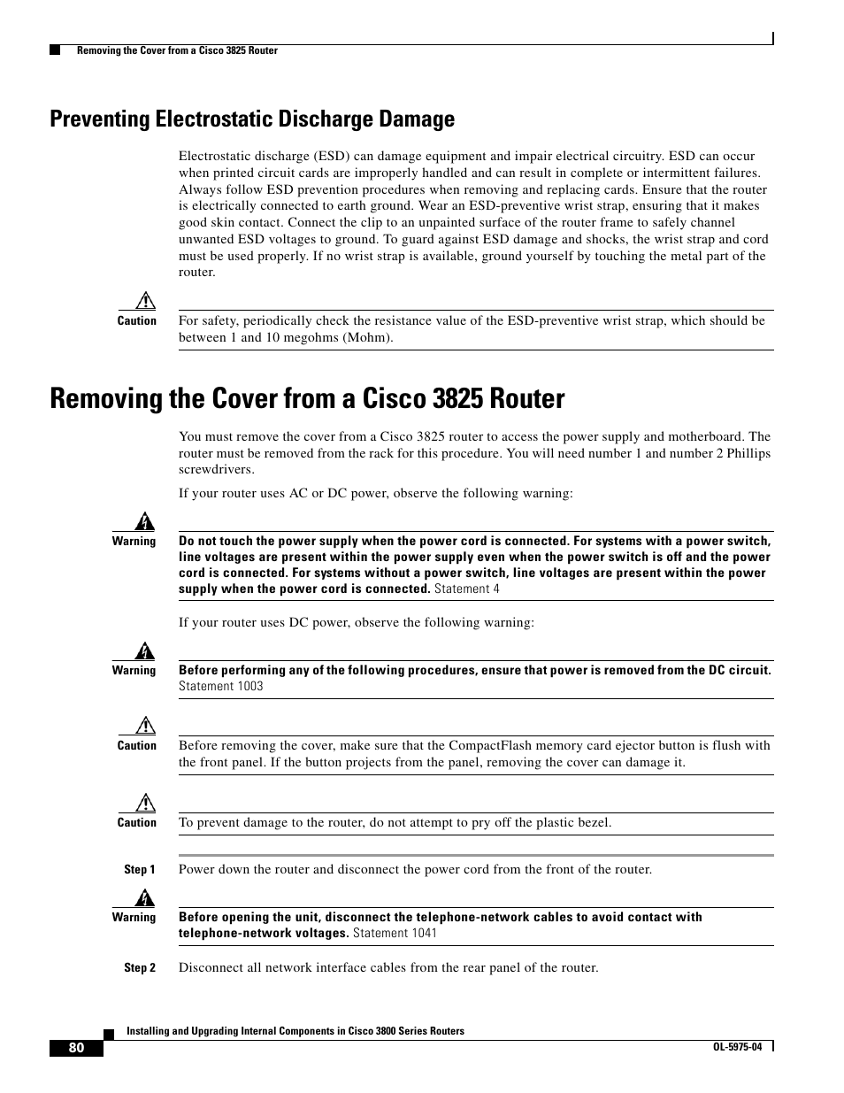 Preventing electrostatic discharge damage, Removing the cover from a cisco3825 router, Removing the cover from a cisco 3825 router | Cisco 3800 Series User Manual | Page 110 / 138