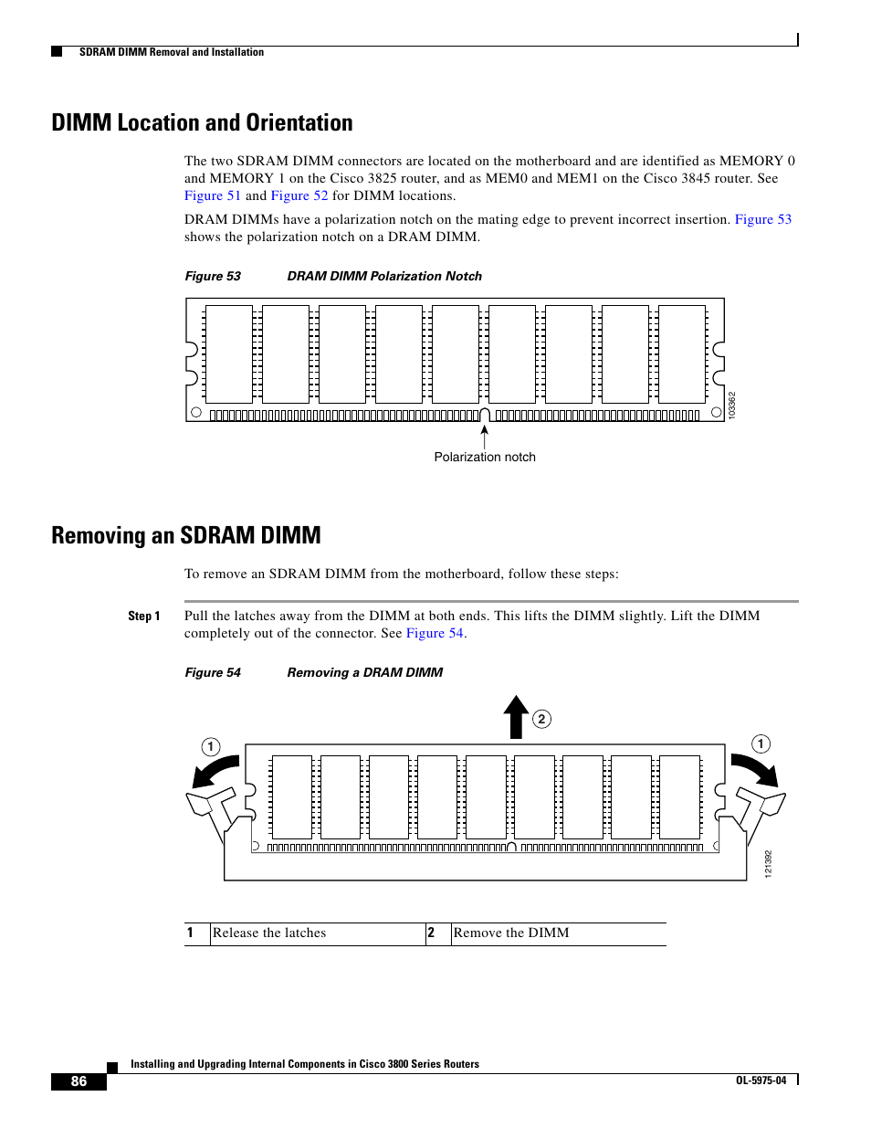 Dimm location and orientation, Removing an sdram dimm | Cisco 3800 Series User Manual | Page 116 / 138