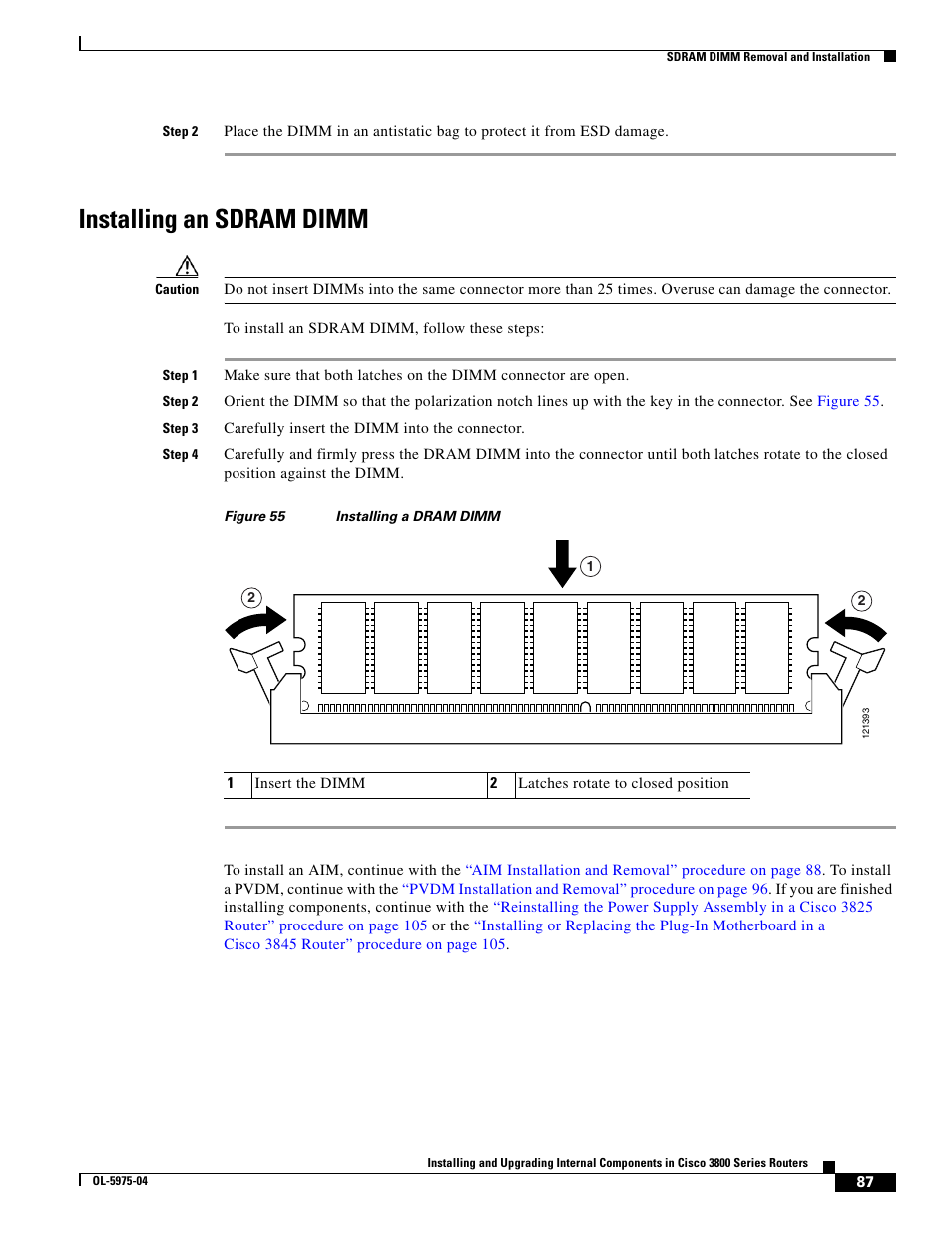 Installing an sdram dimm | Cisco 3800 Series User Manual | Page 117 / 138