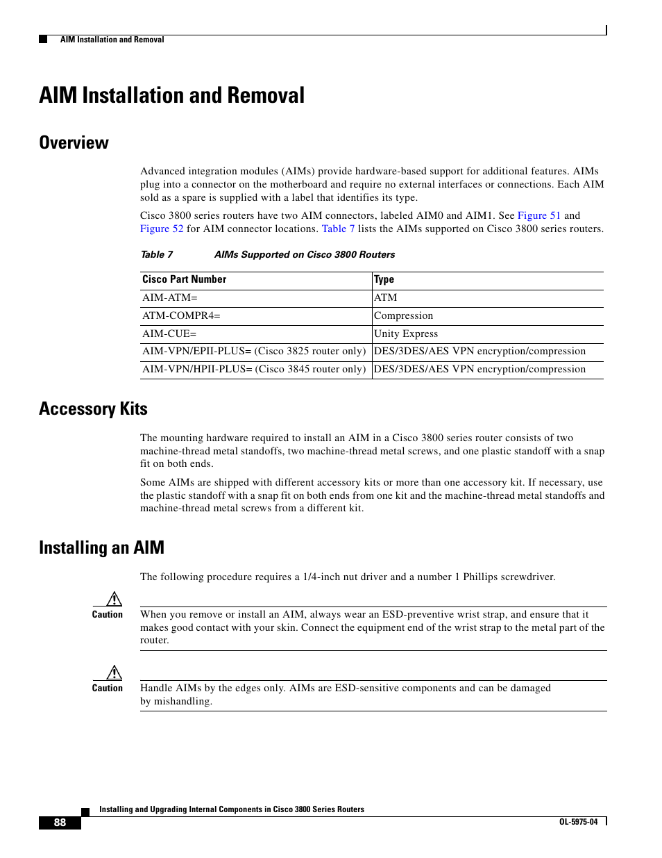 Aim installation and removal, Overview, Accessory kits | Installing an aim | Cisco 3800 Series User Manual | Page 118 / 138