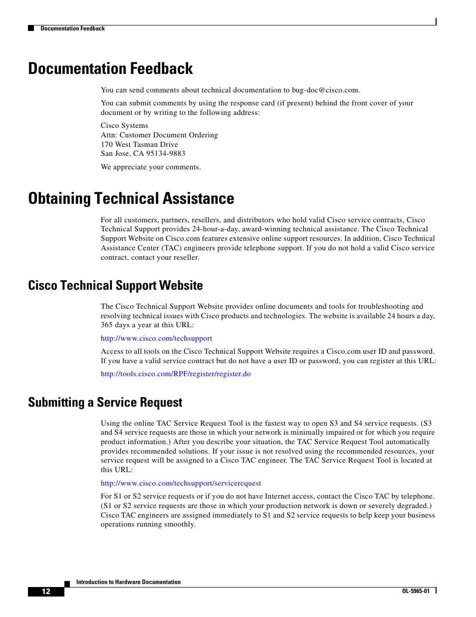 Documentation feedback, Obtaining technical assistance, Cisco technical support website | Submitting a service request | Cisco 3800 Series User Manual | Page 12 / 138