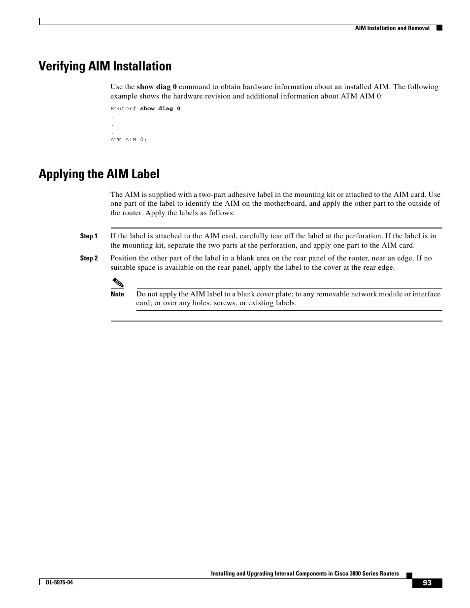 Verifying aim installation, Applying the aim label | Cisco 3800 Series User Manual | Page 123 / 138