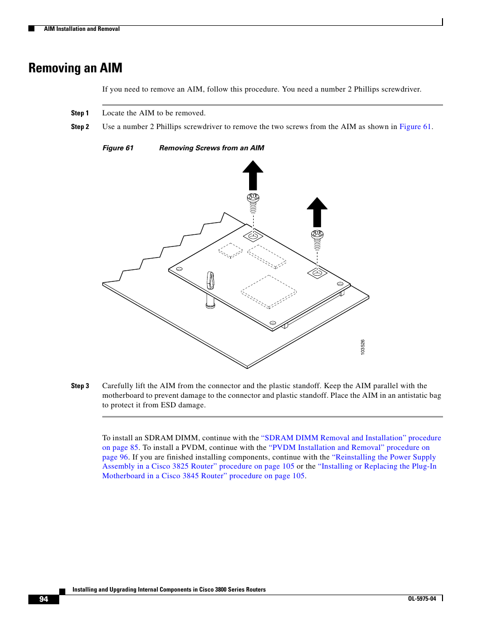 Removing an aim | Cisco 3800 Series User Manual | Page 124 / 138