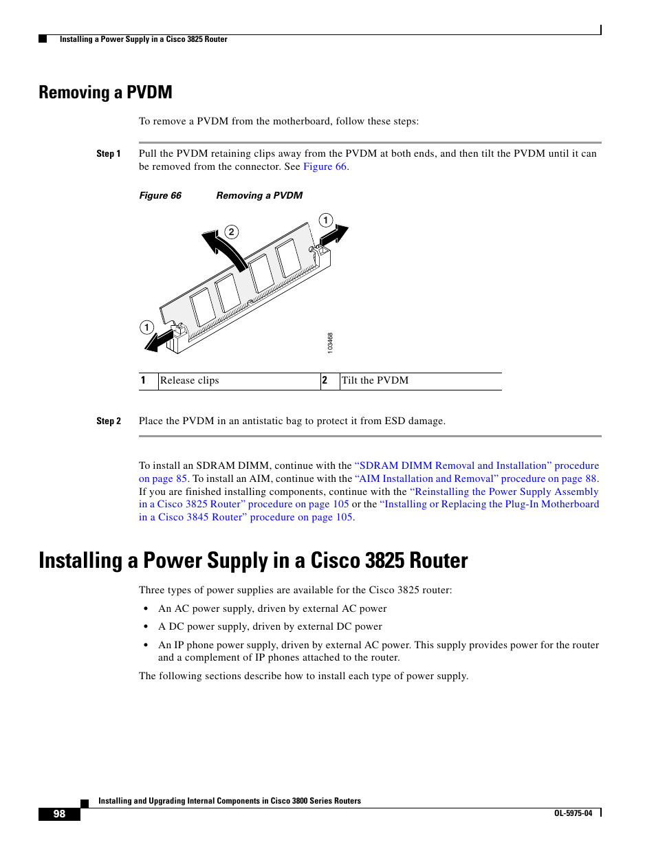 Removing a pvdm, Installing a power supply in a cisco3825 router, Installing a power supply in a cisco 3825 router | Cisco 3800 Series User Manual | Page 128 / 138