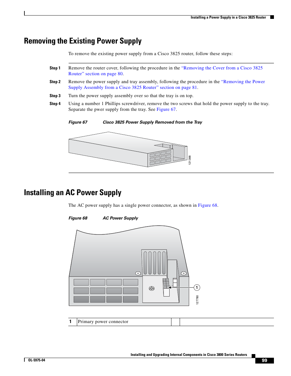 Removing the existing power supply, Installing an ac power supply | Cisco 3800 Series User Manual | Page 129 / 138