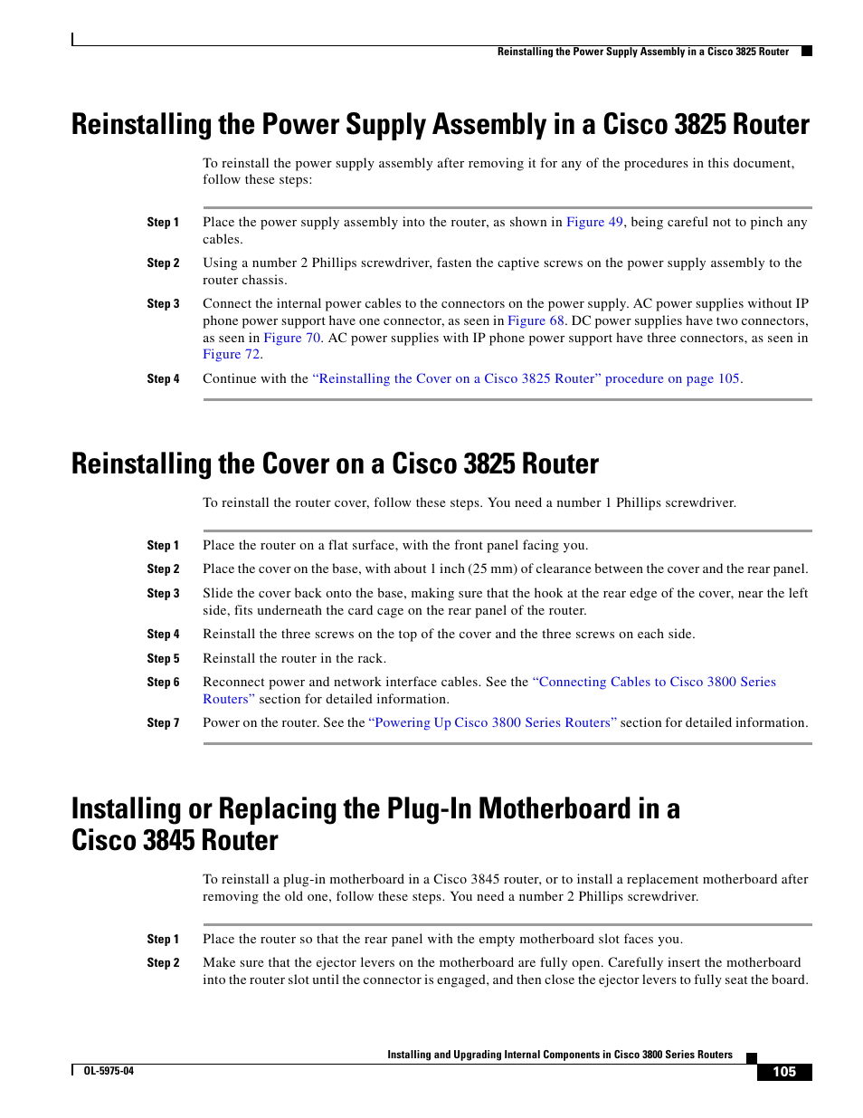 Reinstalling the cover on a cisco3825 router, Reinstalling the power supply, Or t | Installing or replacing the plug-in, Reinstalling the power supply assembly, Installing or replacing the plug-in motherboard, Th the, Reinstalling the power, Reinstalling the cover on a cisco 3825 router | Cisco 3800 Series User Manual | Page 135 / 138