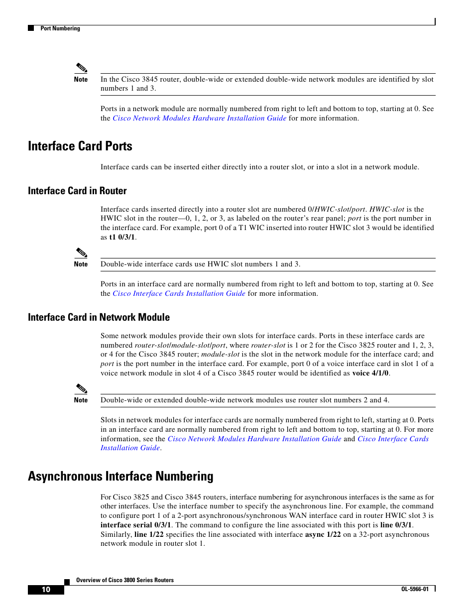 Interface card ports, Interface card in router, Interface card in network module | Asynchronous interface numbering | Cisco 3800 Series User Manual | Page 24 / 138