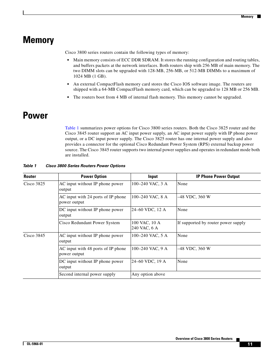 Memory, Power | Cisco 3800 Series User Manual | Page 25 / 138