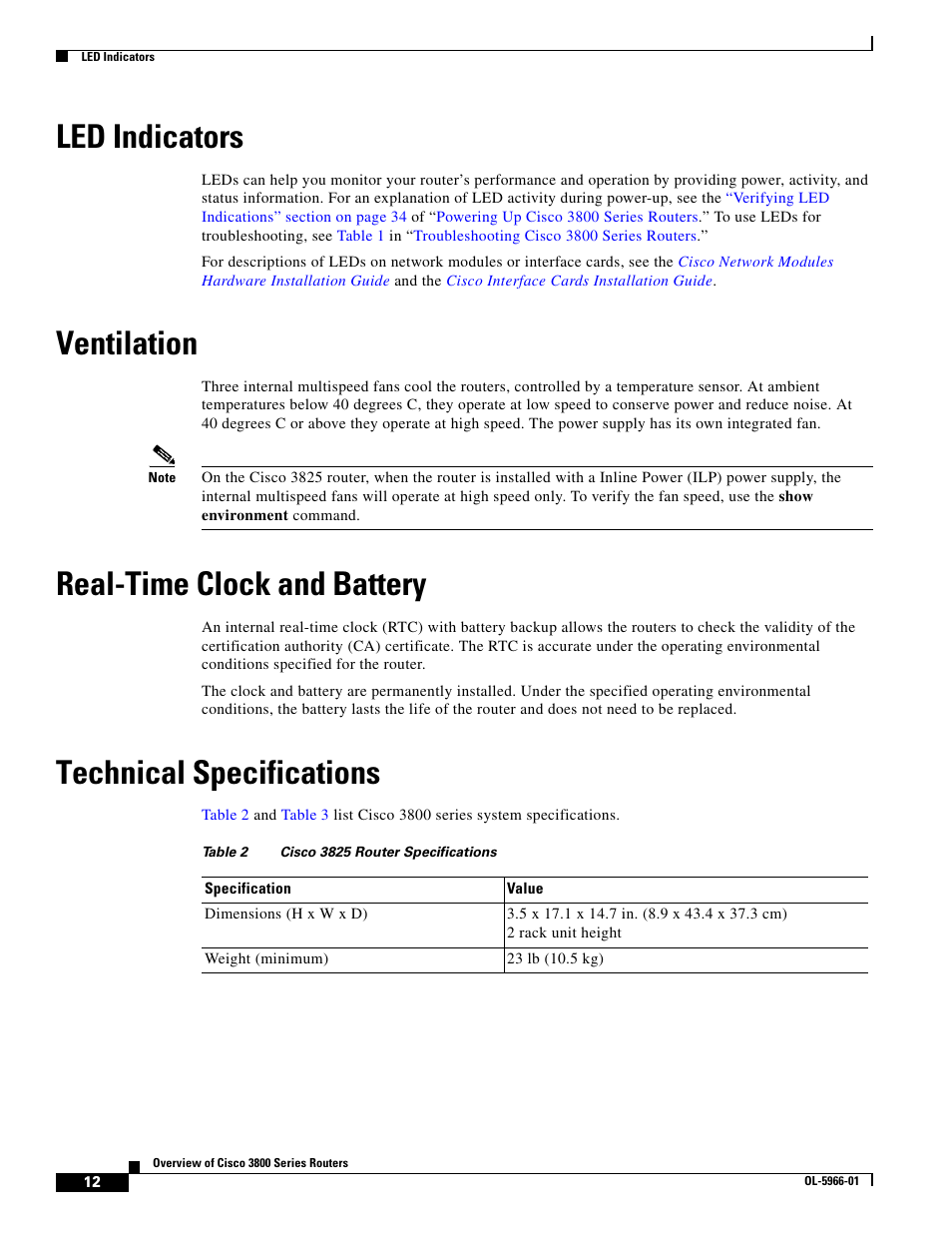 Led indicators, Ventilation, Real-time clock and battery | Technical specifications | Cisco 3800 Series User Manual | Page 26 / 138