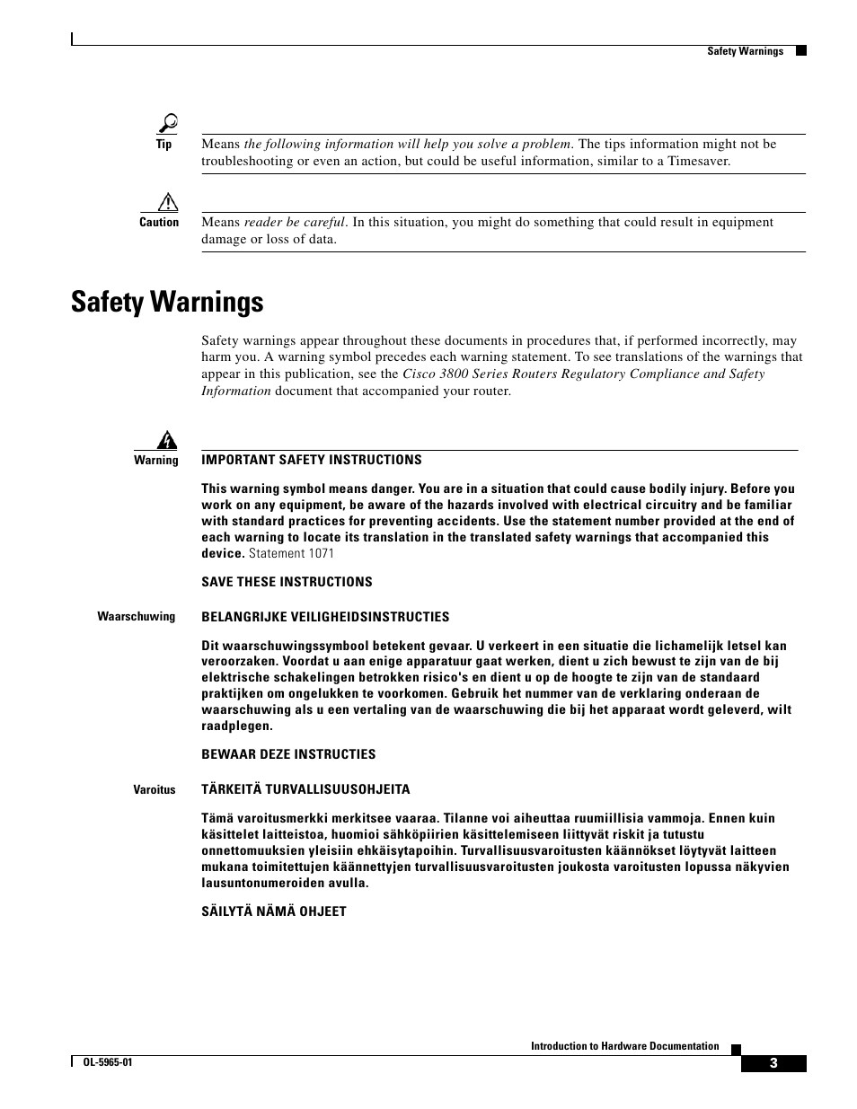 Safety warnings | Cisco 3800 Series User Manual | Page 3 / 138