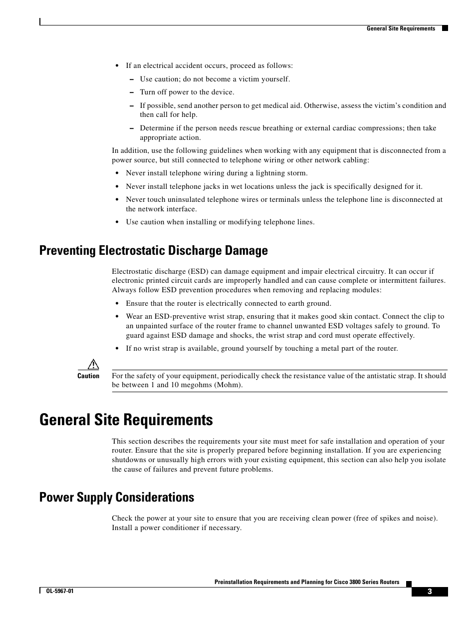 Preventing electrostatic discharge damage, General site requirements, Power supply considerations | Cisco 3800 Series User Manual | Page 33 / 138