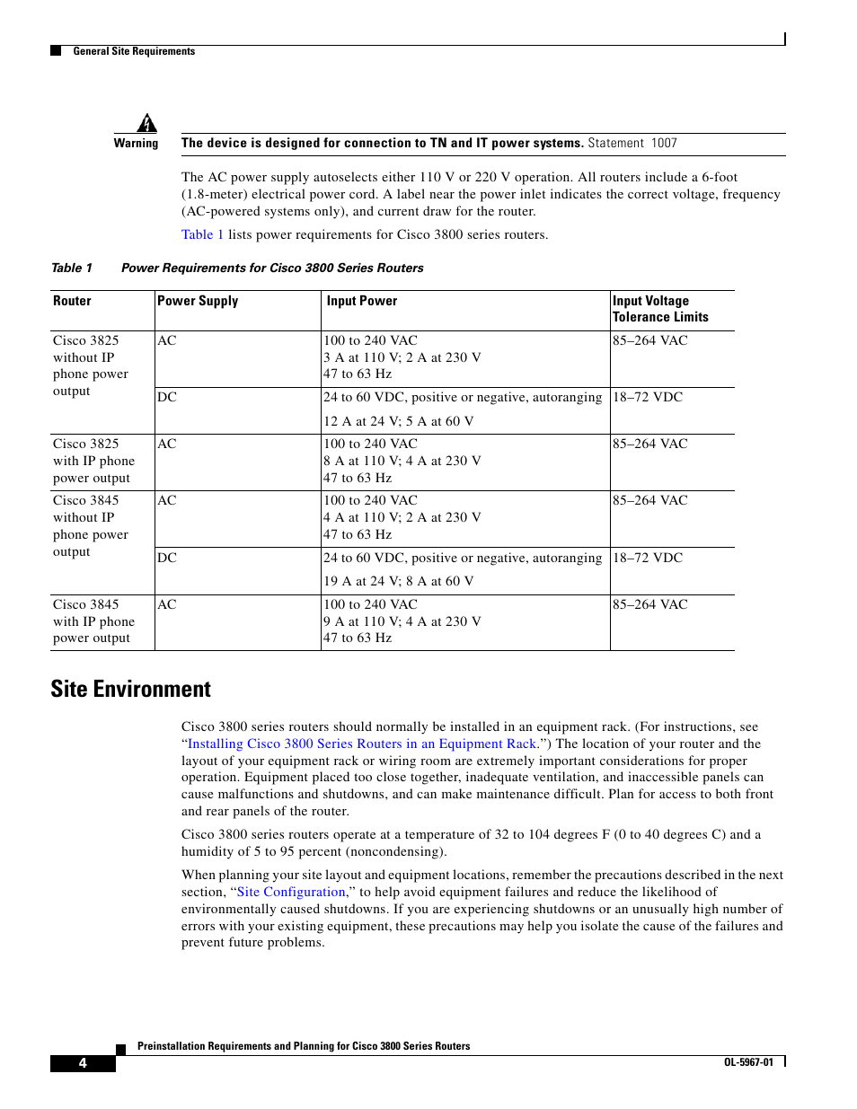 Site environment | Cisco 3800 Series User Manual | Page 34 / 138