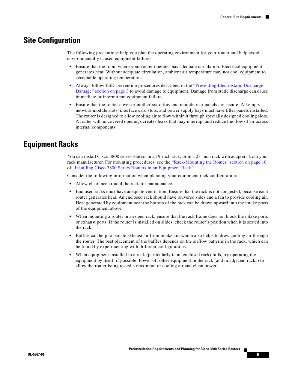 Site configuration, Equipment racks | Cisco 3800 Series User Manual | Page 35 / 138