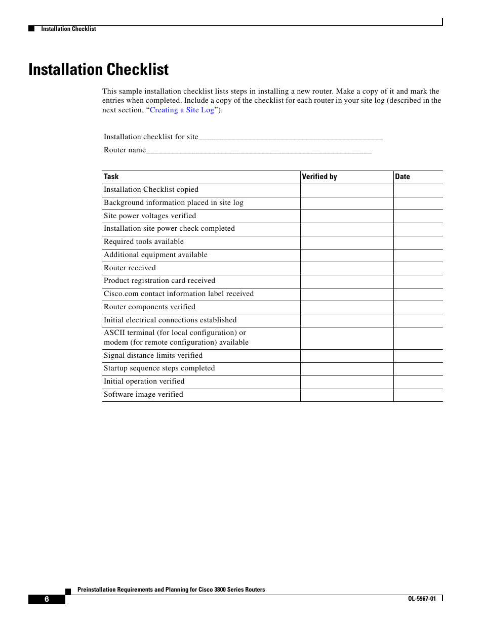 Installation checklist | Cisco 3800 Series User Manual | Page 36 / 138