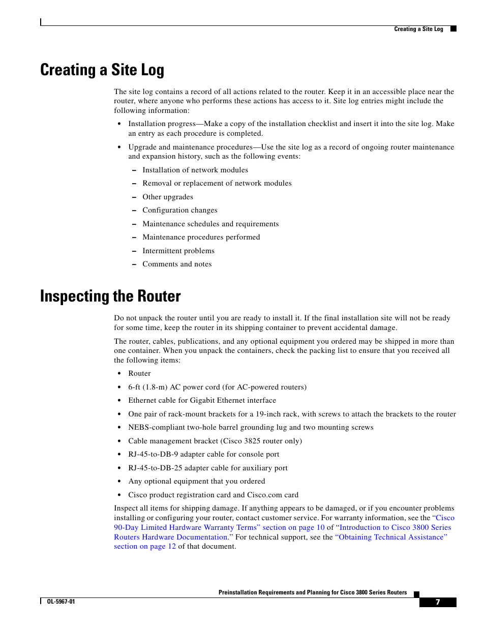 Creating a site log, Inspecting the router | Cisco 3800 Series User Manual | Page 37 / 138