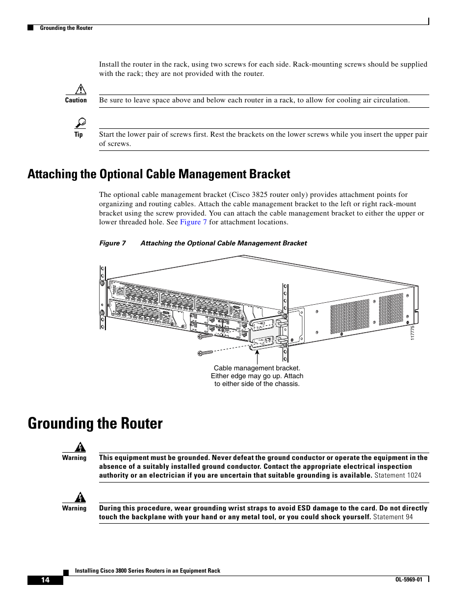 Attaching the optional cable management bracket, Grounding the router, Caution | Ext pwr | Cisco 3800 Series User Manual | Page 44 / 138