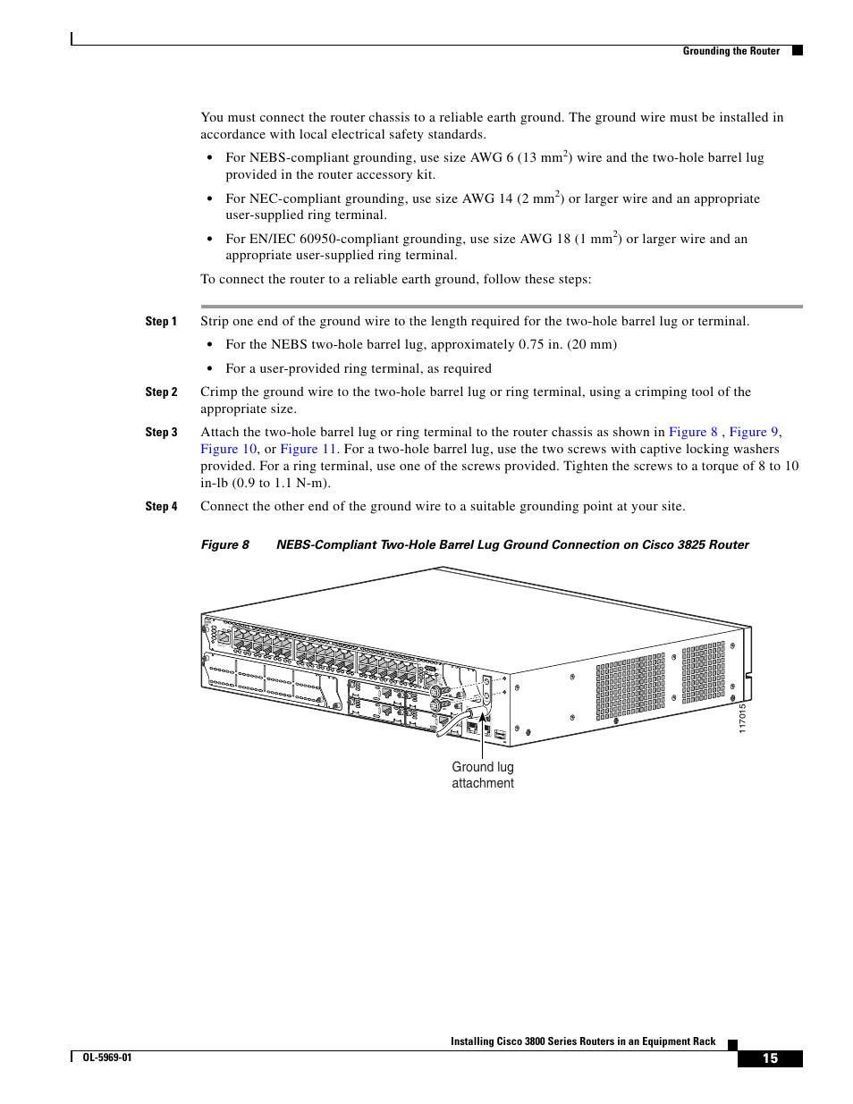 For nec-compliant grounding, use size awg 14 (2 mm, For a user-provided ring terminal, as required, Ground lug attachment | Step 1, Step 2, Step 3, Step 4, Ext pwr, Grounding the router | Cisco 3800 Series User Manual | Page 45 / 138