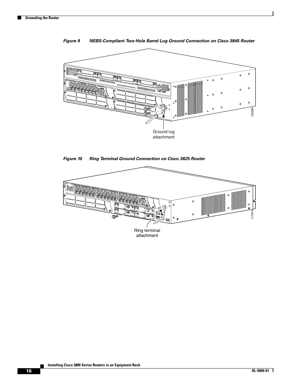 Figure 9, Figure 10, Ext pwr | Ground lug attachment, 23x 5x, Ring terminal attachment, Grounding the router | Cisco 3800 Series User Manual | Page 46 / 138