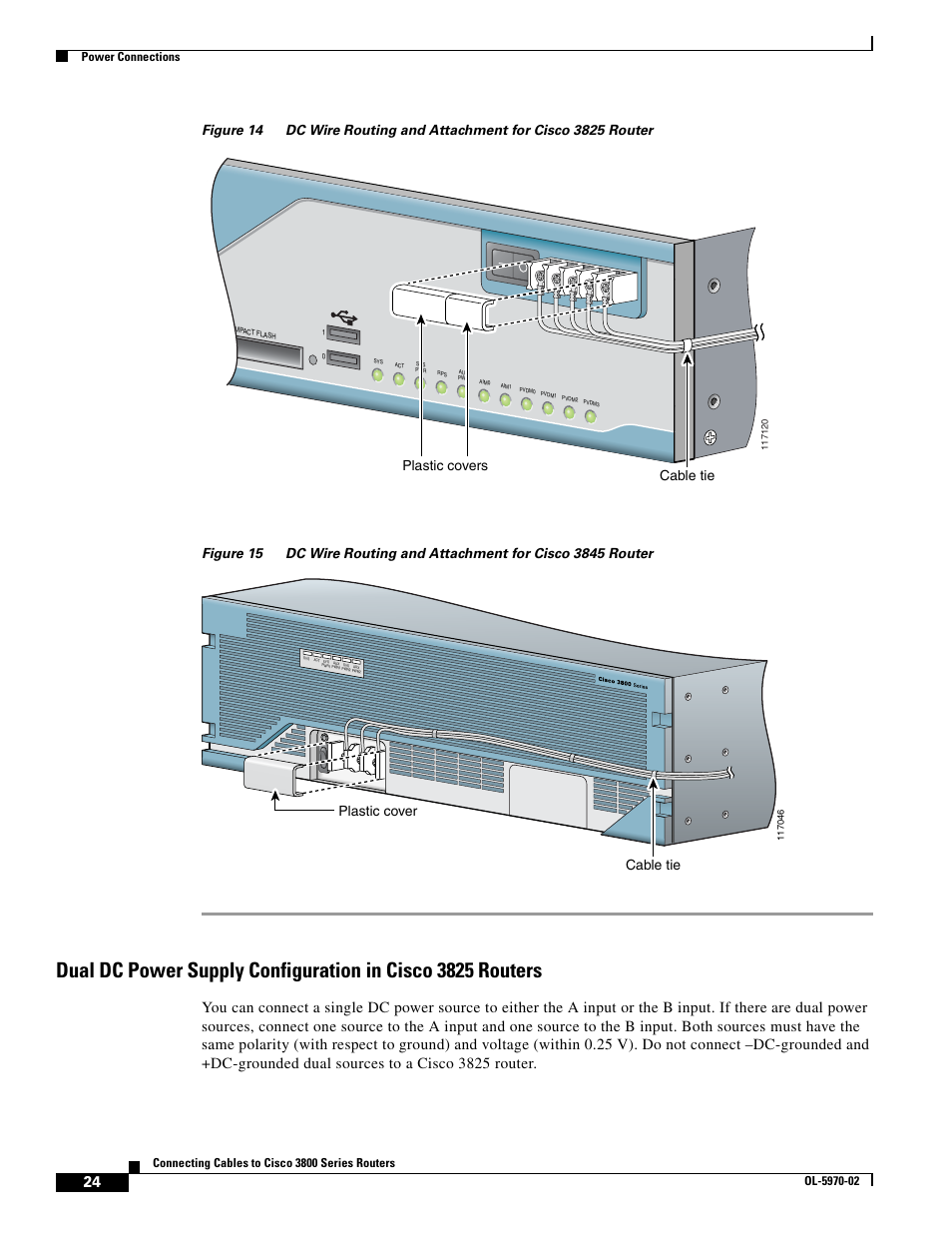 Figure 14, Figure 15, Cable tie plastic covers | Plastic cover cable tie, Power connections | Cisco 3800 Series User Manual | Page 54 / 138