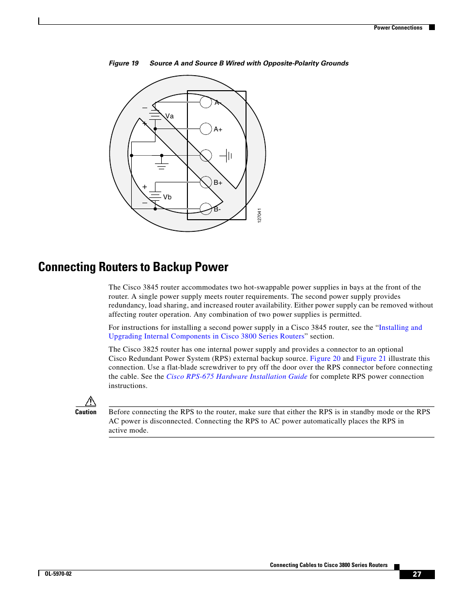 Connecting routers to backup power, Connecting routers to backup power” section on, Figure 19 | Source a and | Cisco 3800 Series User Manual | Page 57 / 138