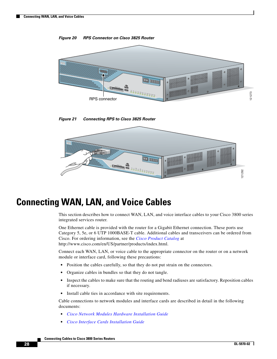 Connecting wan, lan, and voice cables, Ckup source, Figure 20 | Figure 21, Cisco network modules hardware installation guide, Cisco interface cards installation guide, Rrps connector | Cisco 3800 Series User Manual | Page 58 / 138