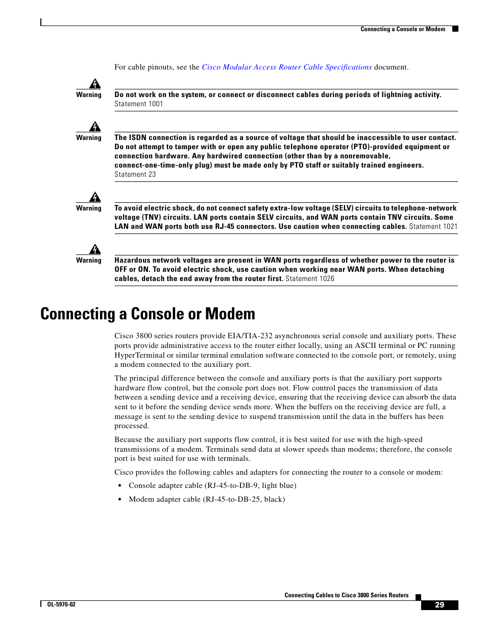 Connecting a console or modem | Cisco 3800 Series User Manual | Page 59 / 138