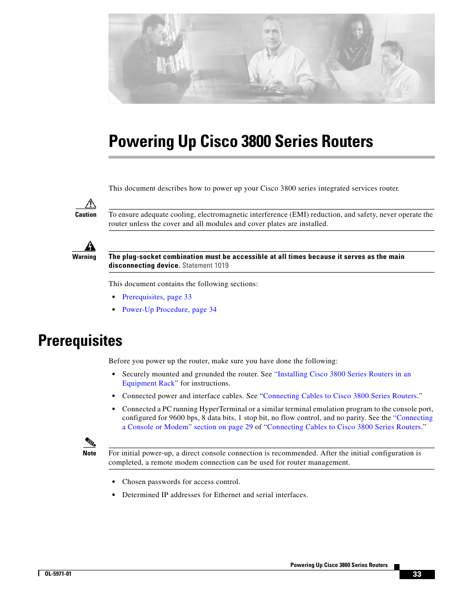 Powering up cisco3800seriesrouters, Prerequisites, Powering up cisco 3800 series routers | Cisco 3800 Series User Manual | Page 63 / 138