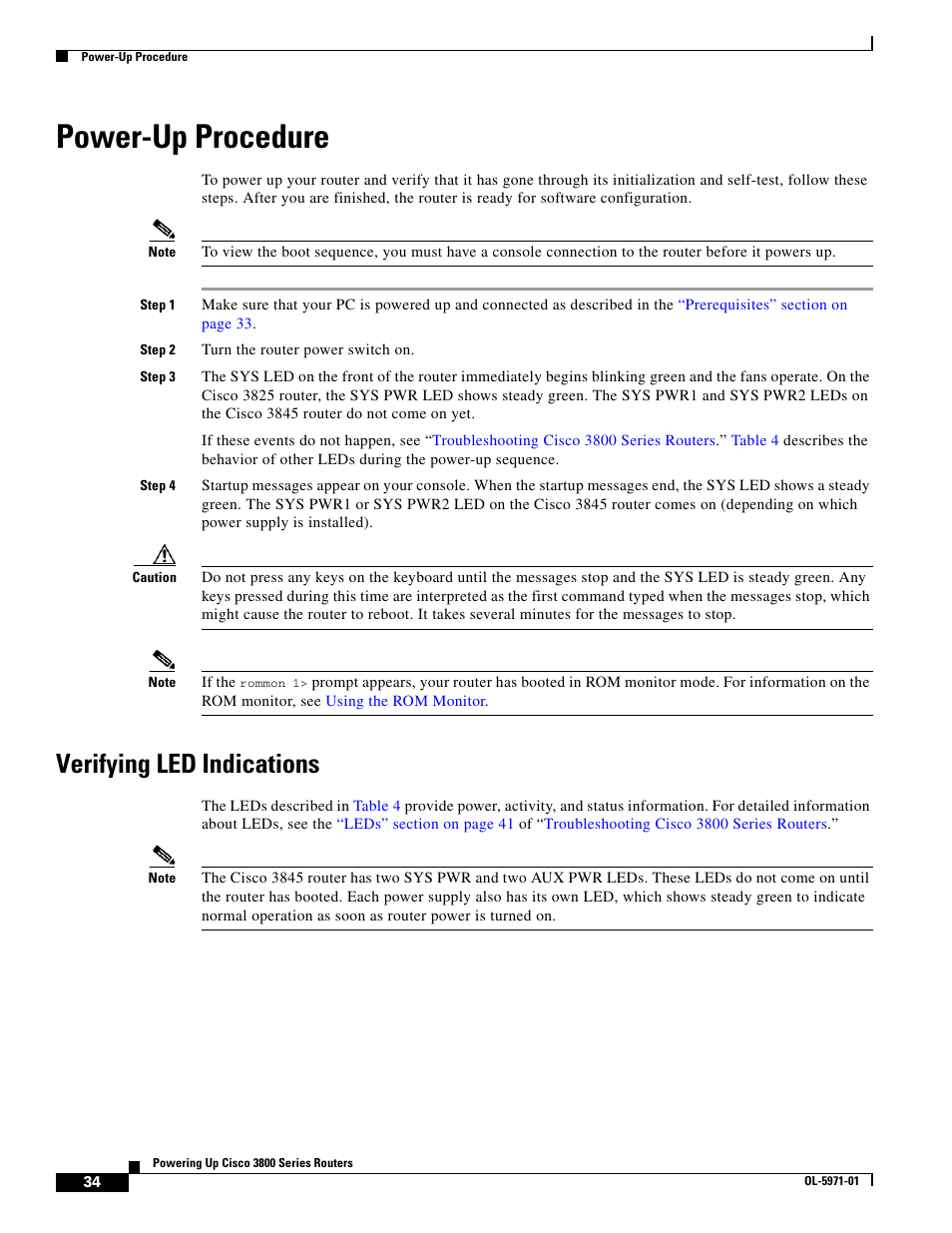 Power-up procedure, Verifying led indications, Verifying led | Cisco 3800 Series User Manual | Page 64 / 138