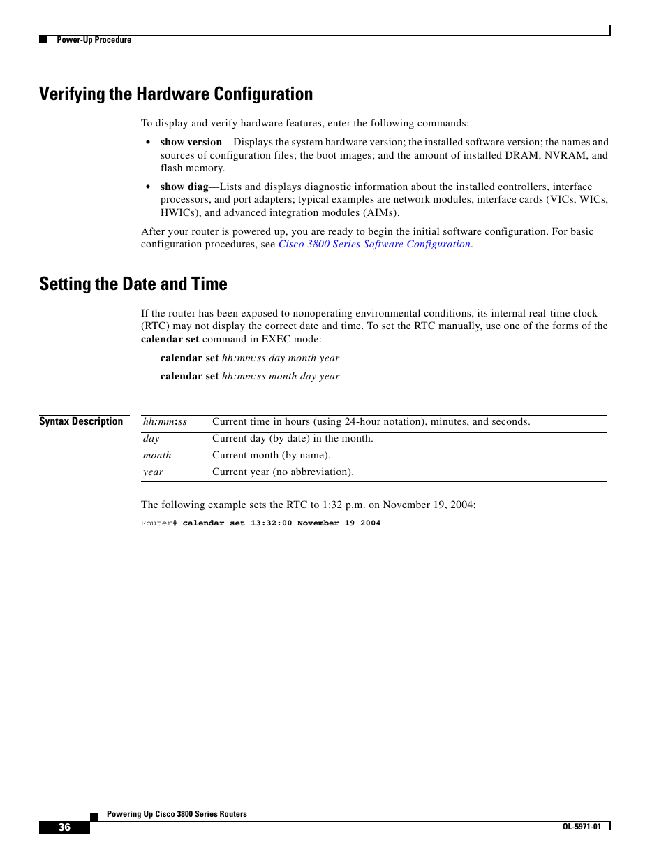 Verifying the hardware configuration, Setting the date and time | Cisco 3800 Series User Manual | Page 66 / 138