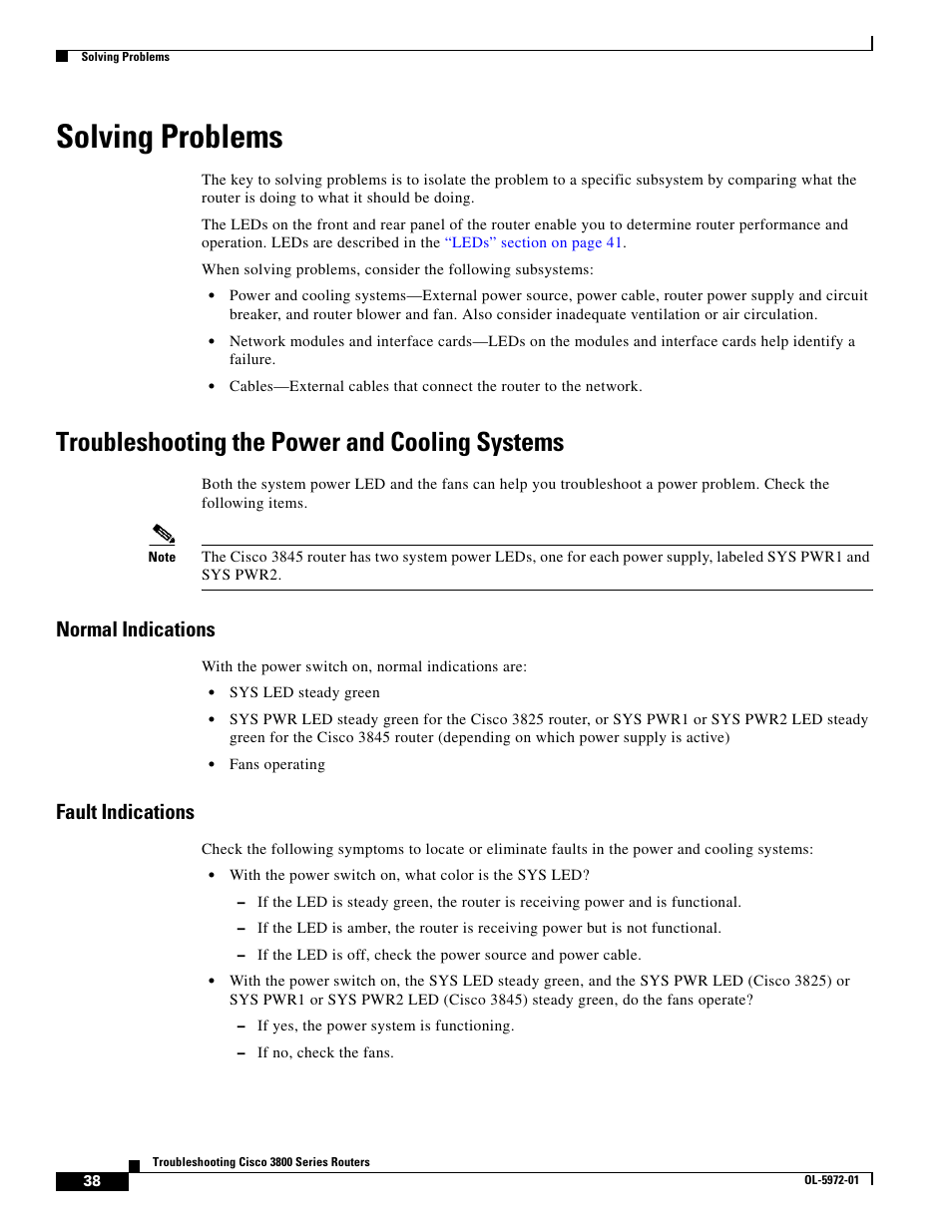 Solving problems, Troubleshooting the power and cooling systems, Normal indications | Fault indications | Cisco 3800 Series User Manual | Page 68 / 138