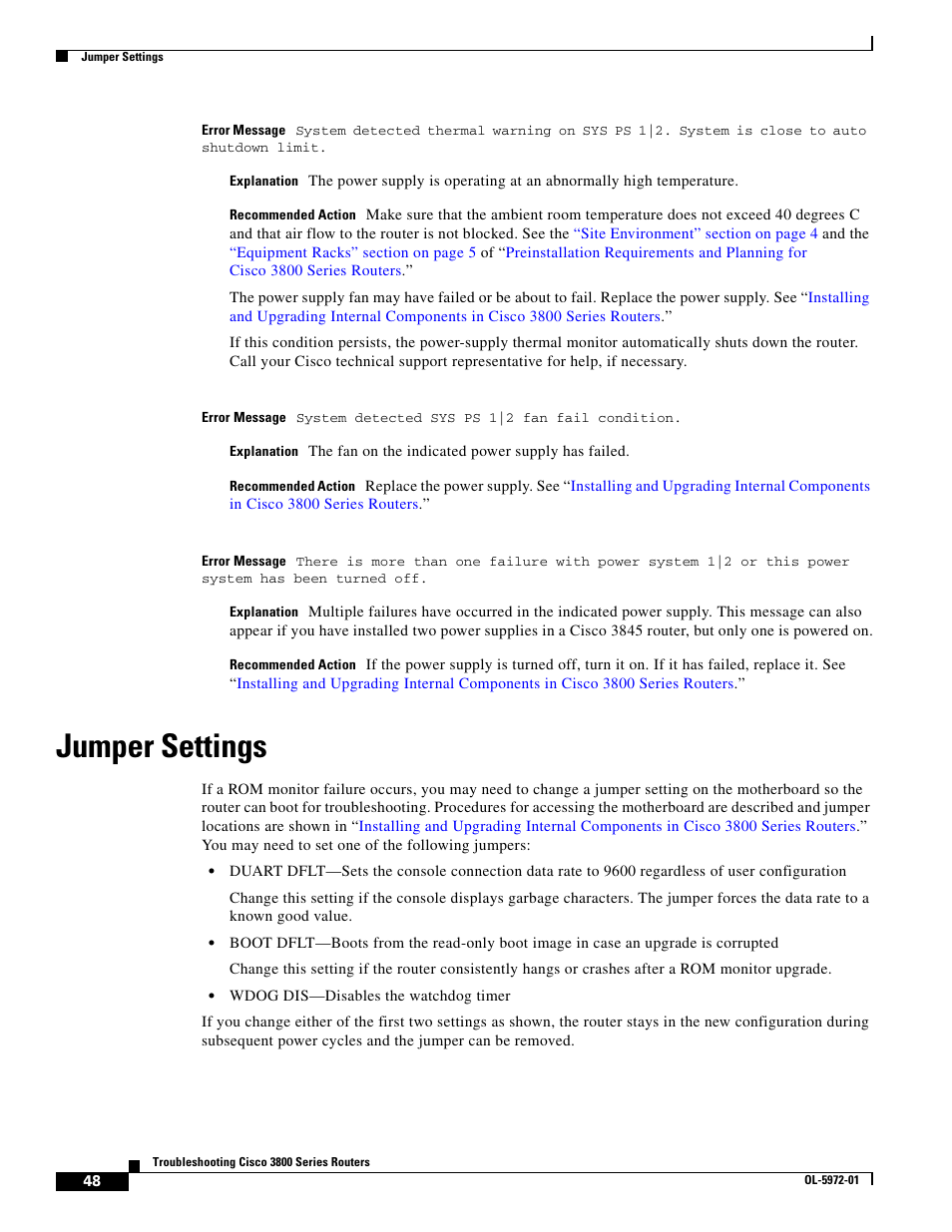 Jumper settings | Cisco 3800 Series User Manual | Page 78 / 138