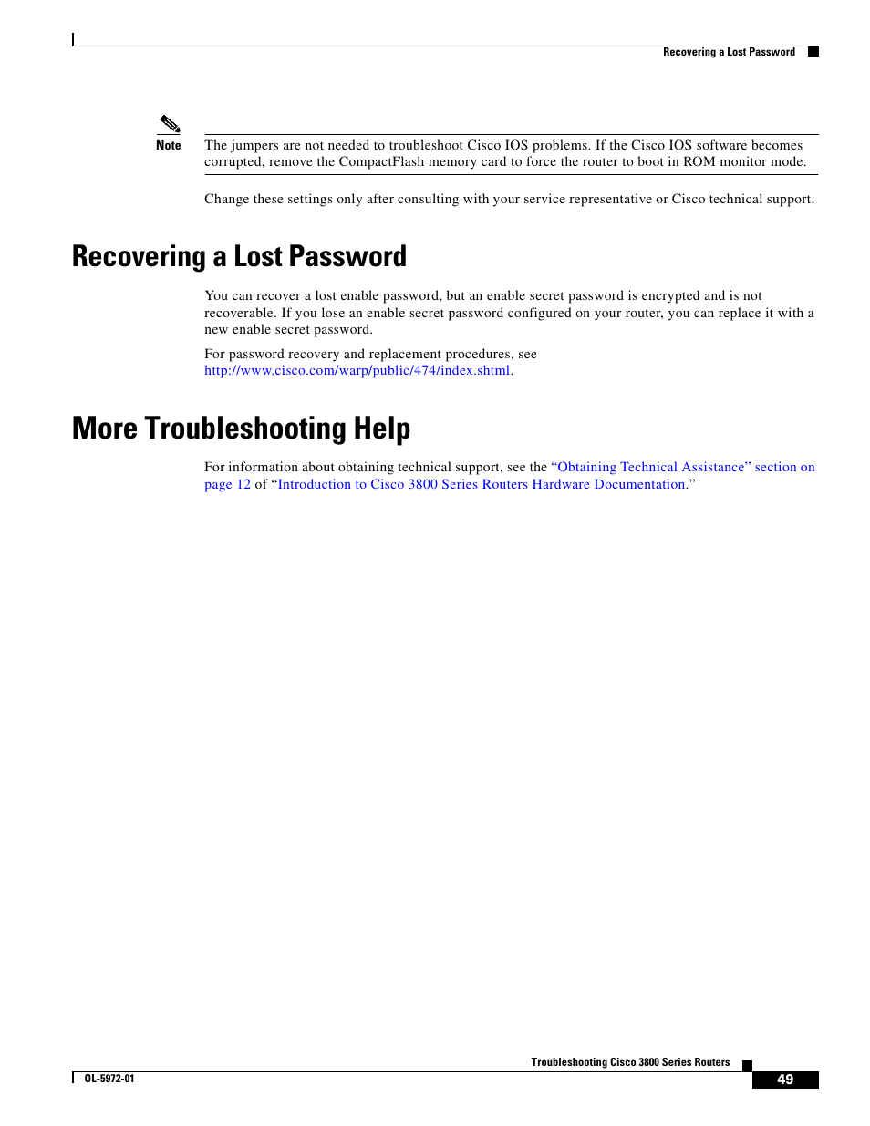 Recovering a lost password, More troubleshooting help | Cisco 3800 Series User Manual | Page 79 / 138