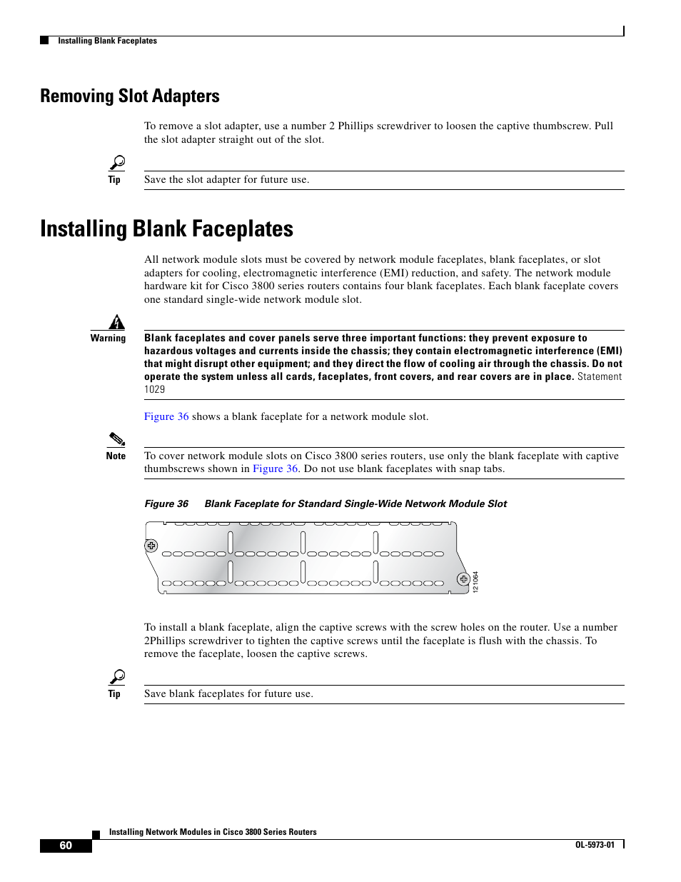 Removing slot adapters, Installing blank faceplates | Cisco 3800 Series User Manual | Page 90 / 138