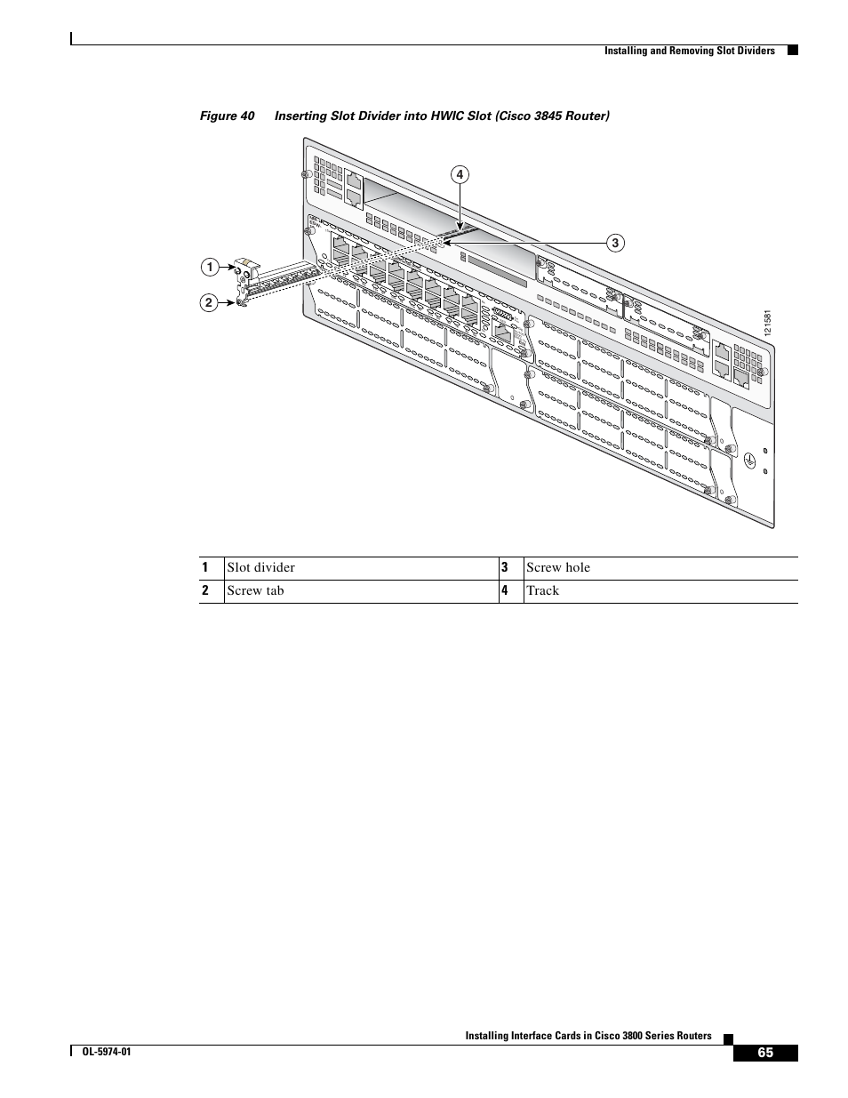 1slot divider 3 screw hole 2 screw tab 4 track, Installing and removing slot dividers | Cisco 3800 Series User Manual | Page 95 / 138