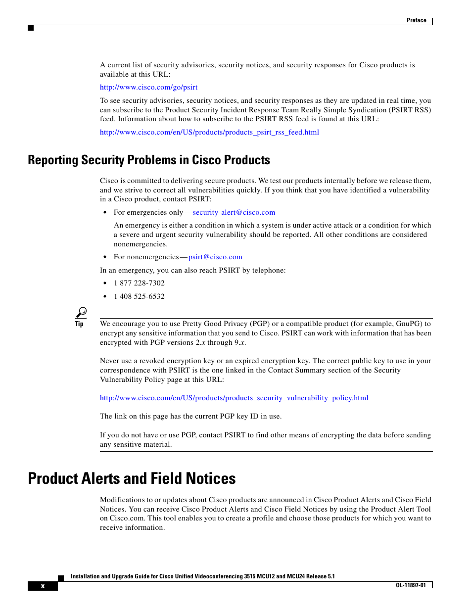 Reporting security problems in cisco products, Product alerts and field notices | Cisco 3515 MCU12 User Manual | Page 10 / 54