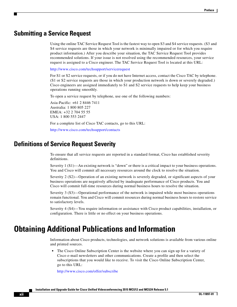 Submitting a service request, Definitions of service request severity, Obtaining additional publications and information | Cisco 3515 MCU12 User Manual | Page 12 / 54
