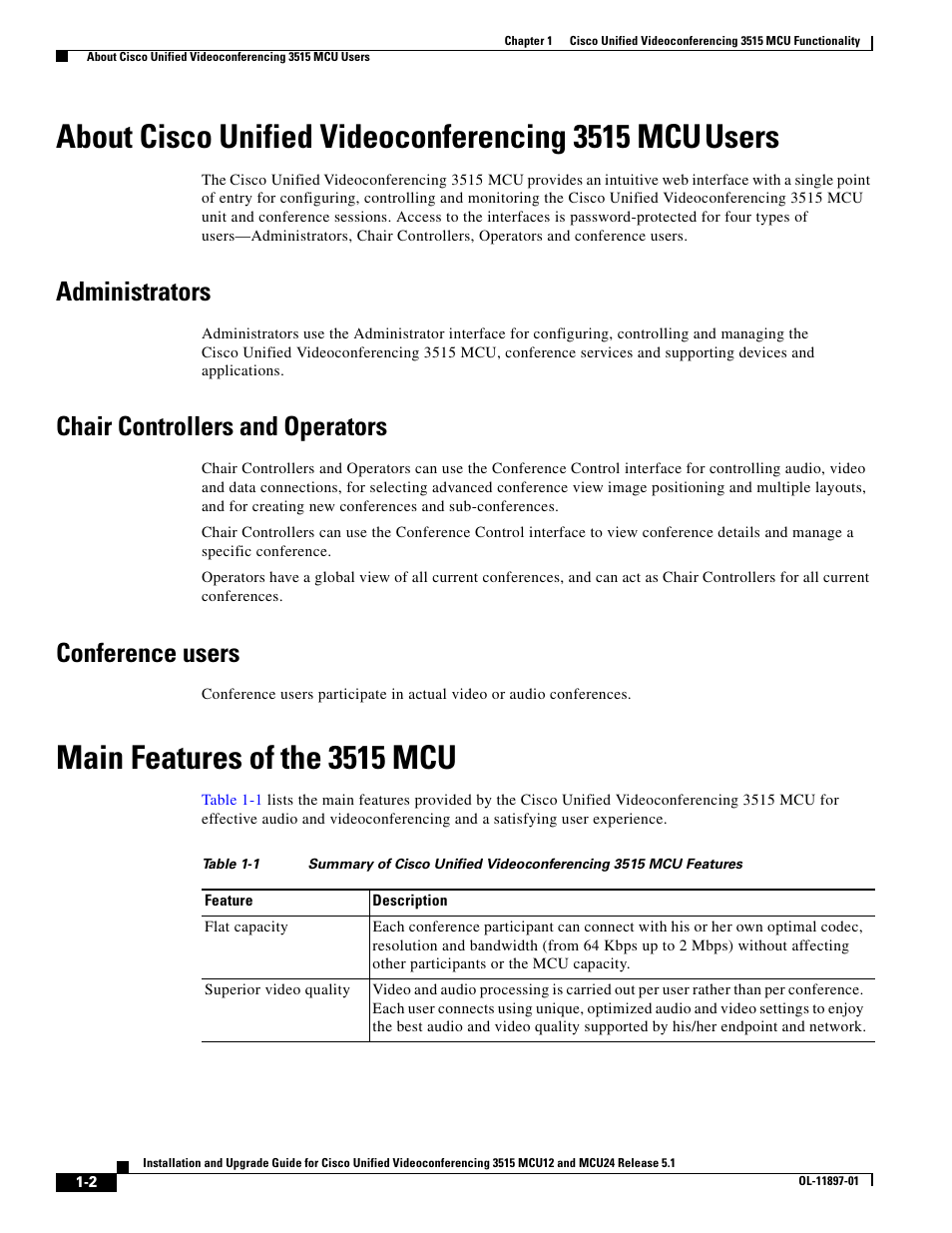 Administrators, Chair controllers and operators, Conference users | Main features of the 3515 mcu, About cisco unified videoconferencing 3515 mcu, Users | Cisco 3515 MCU12 User Manual | Page 16 / 54