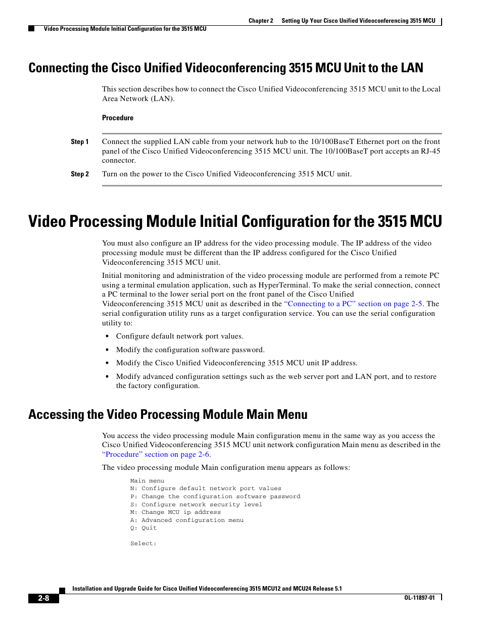 Accessing the video processing module main menu, Unit to the lan | Cisco 3515 MCU12 User Manual | Page 30 / 54