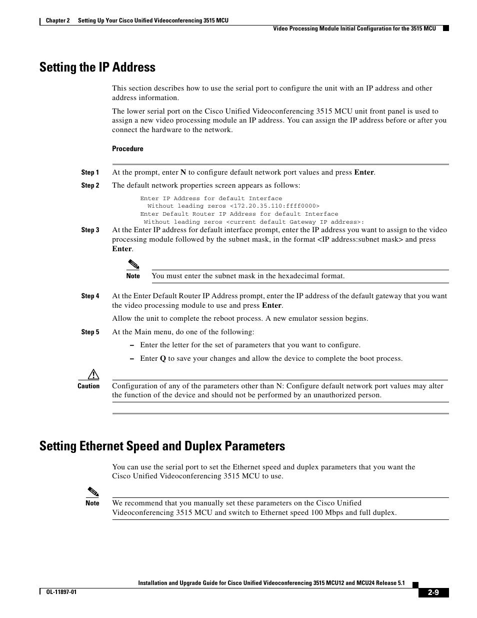 Setting the ip address, Setting ethernet speed and duplex parameters | Cisco 3515 MCU12 User Manual | Page 31 / 54