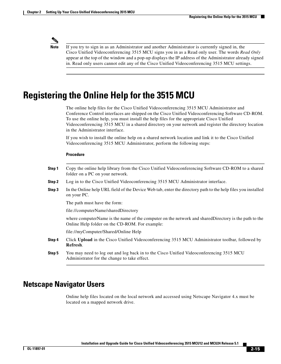 Registering the online help for the 3515 mcu, Netscape navigator users | Cisco 3515 MCU12 User Manual | Page 37 / 54