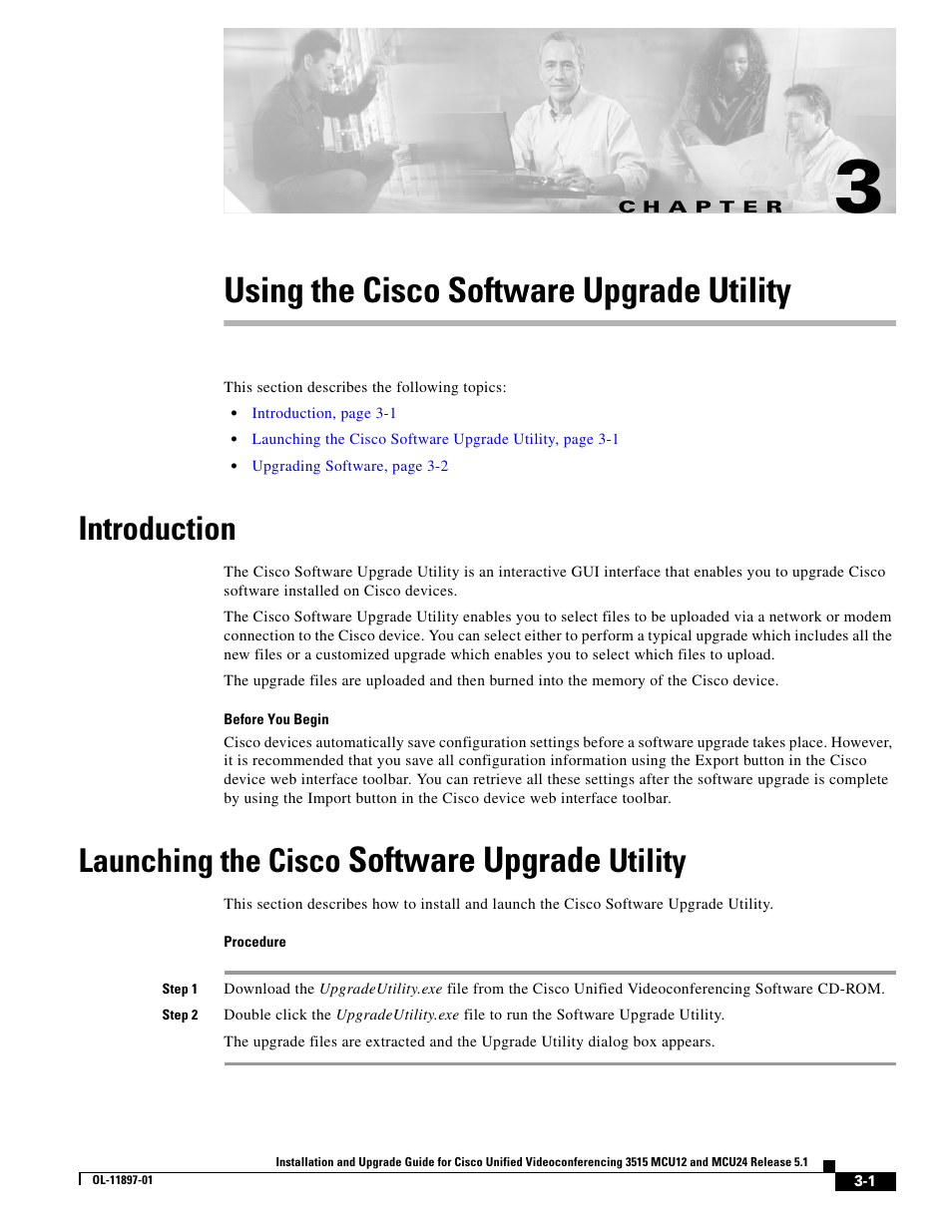 Using the cisco software upgrade utility, Introduction, Launching the cisco software upgrade utility | C h a p t e r, Software upgrade, Launching the cisco, Utility | Cisco 3515 MCU12 User Manual | Page 39 / 54