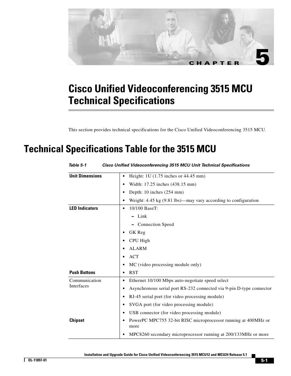 Technical specifications table for the 3515 mcu, C h a p t e r | Cisco 3515 MCU12 User Manual | Page 43 / 54