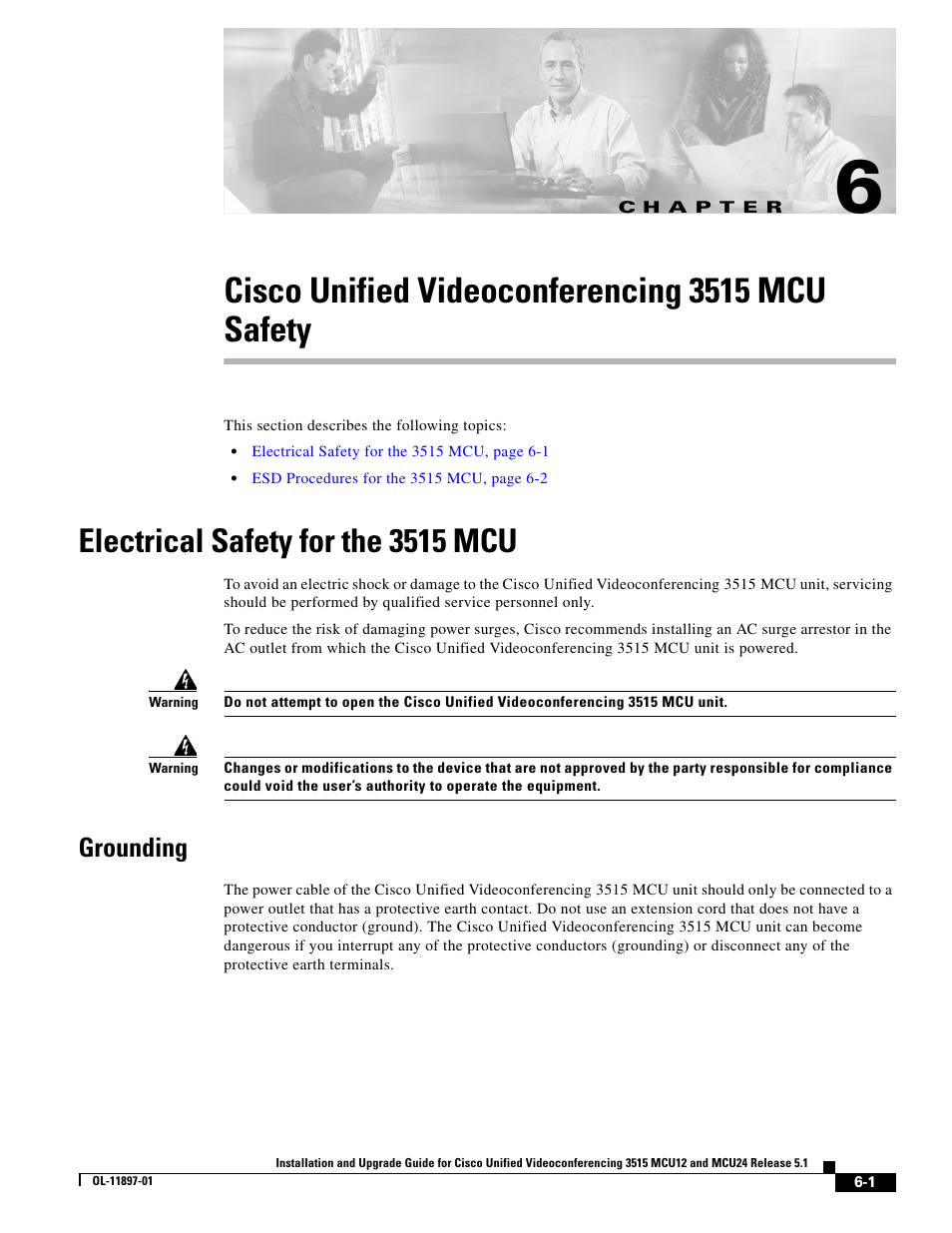 Cisco unified videoconferencing 3515 mcu safety, Electrical safety for the 3515 mcu, Grounding | C h a p t e r | Cisco 3515 MCU12 User Manual | Page 45 / 54