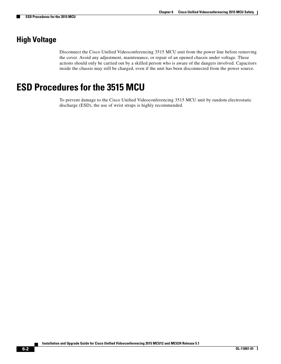 High voltage, Esd procedures for the 3515 mcu | Cisco 3515 MCU12 User Manual | Page 46 / 54