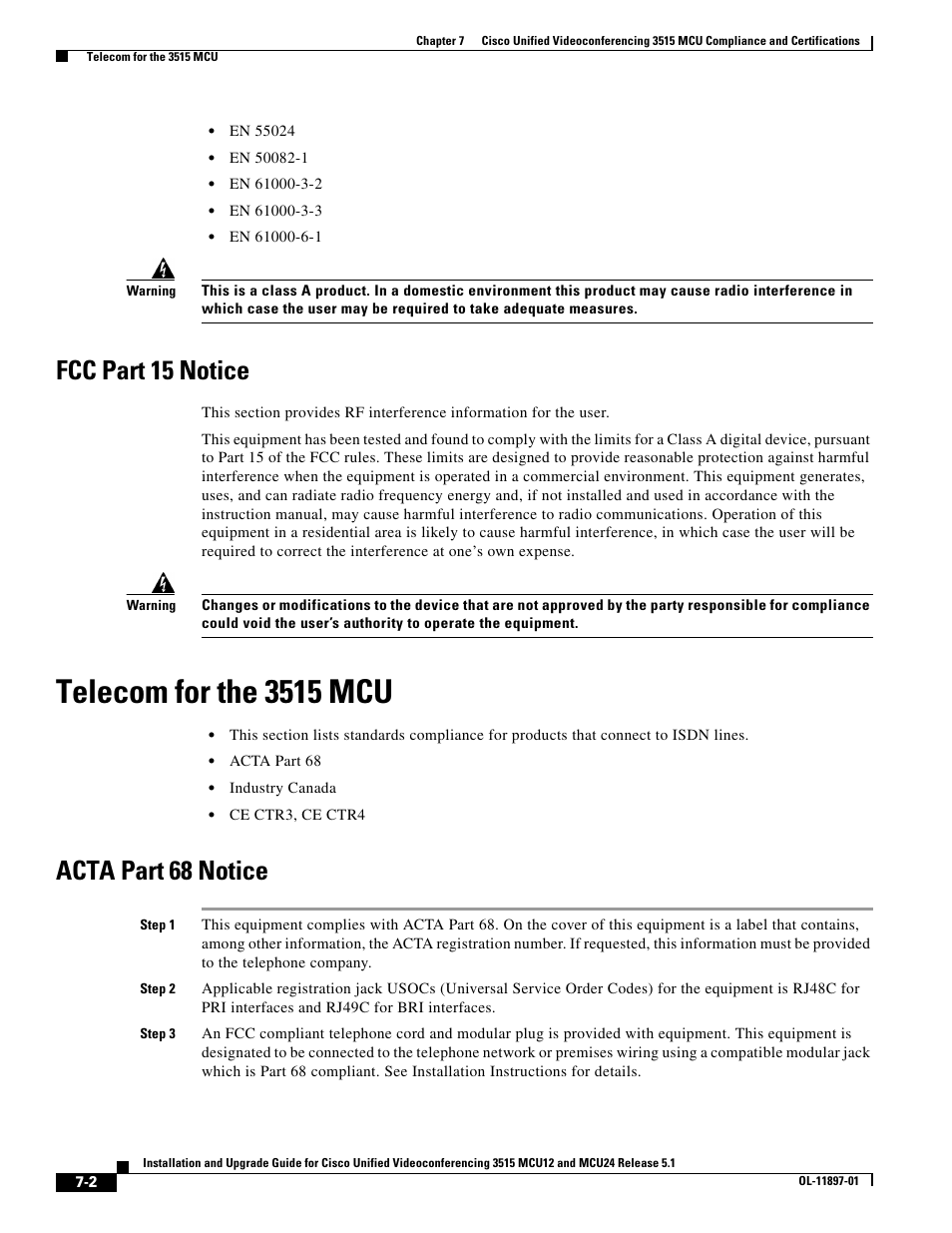 Fcc part 15 notice, Telecom for the 3515 mcu, Acta part 68 notice | Cisco 3515 MCU12 User Manual | Page 48 / 54