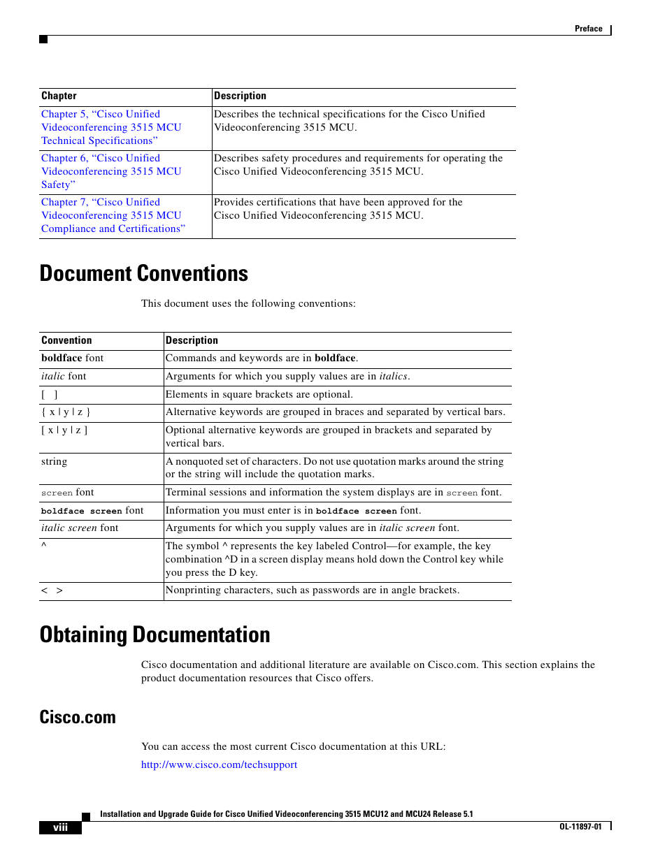 Document conventions, Obtaining documentation, Cisco.com | Cisco 3515 MCU12 User Manual | Page 8 / 54