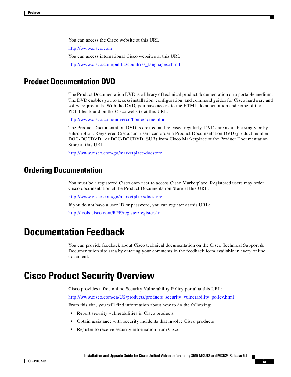 Product documentation dvd, Ordering documentation, Documentation feedback | Cisco product security overview | Cisco 3515 MCU12 User Manual | Page 9 / 54
