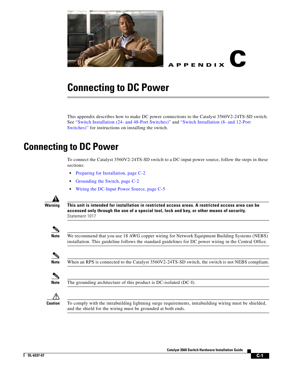 Connecting to dc power, A p p e n d i x, Appendix c, “connecting to | Dc power | Cisco 3560 User Manual | Page 101 / 120