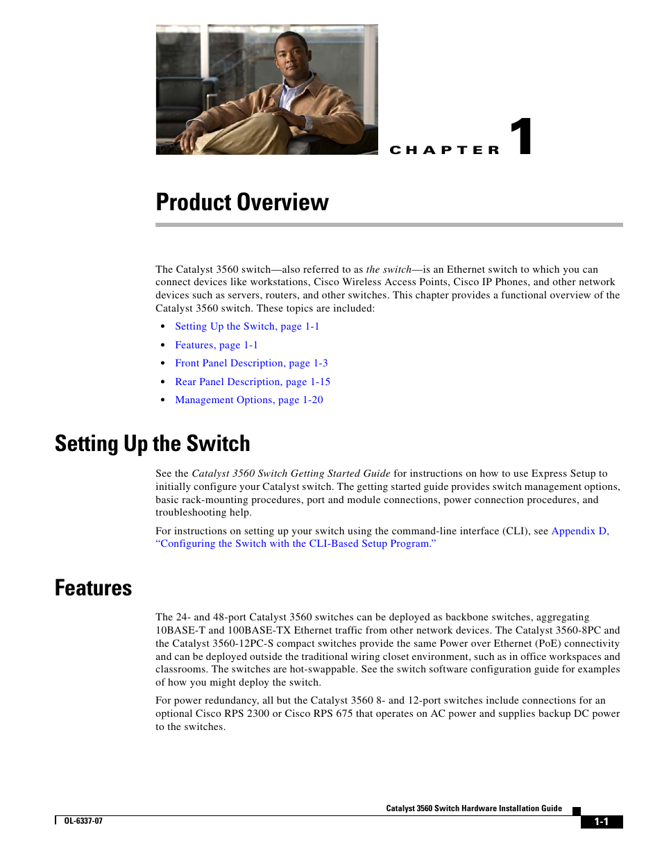 Product overview, Setting up the switch, Features | C h a p t e r | Cisco 3560 User Manual | Page 11 / 120