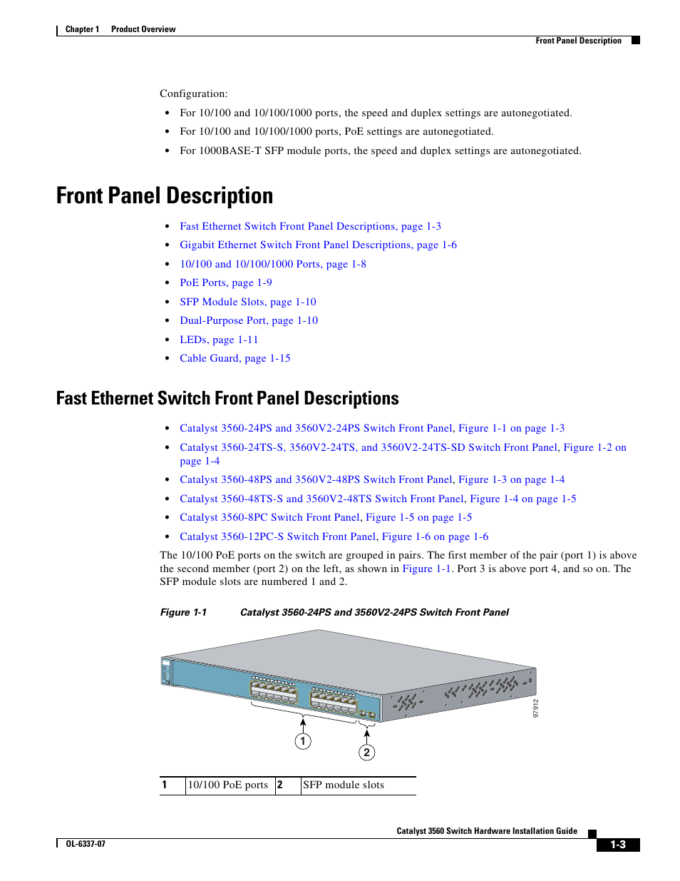 Front panel description, Fast ethernet switch front panel descriptions, Configuration | Poe ports, page 1-9, Sfp module slots, page 1-10, Dual-purpose port, page 1-10, Leds, page 1-11, Cable guard, page 1-15 | Cisco 3560 User Manual | Page 13 / 120